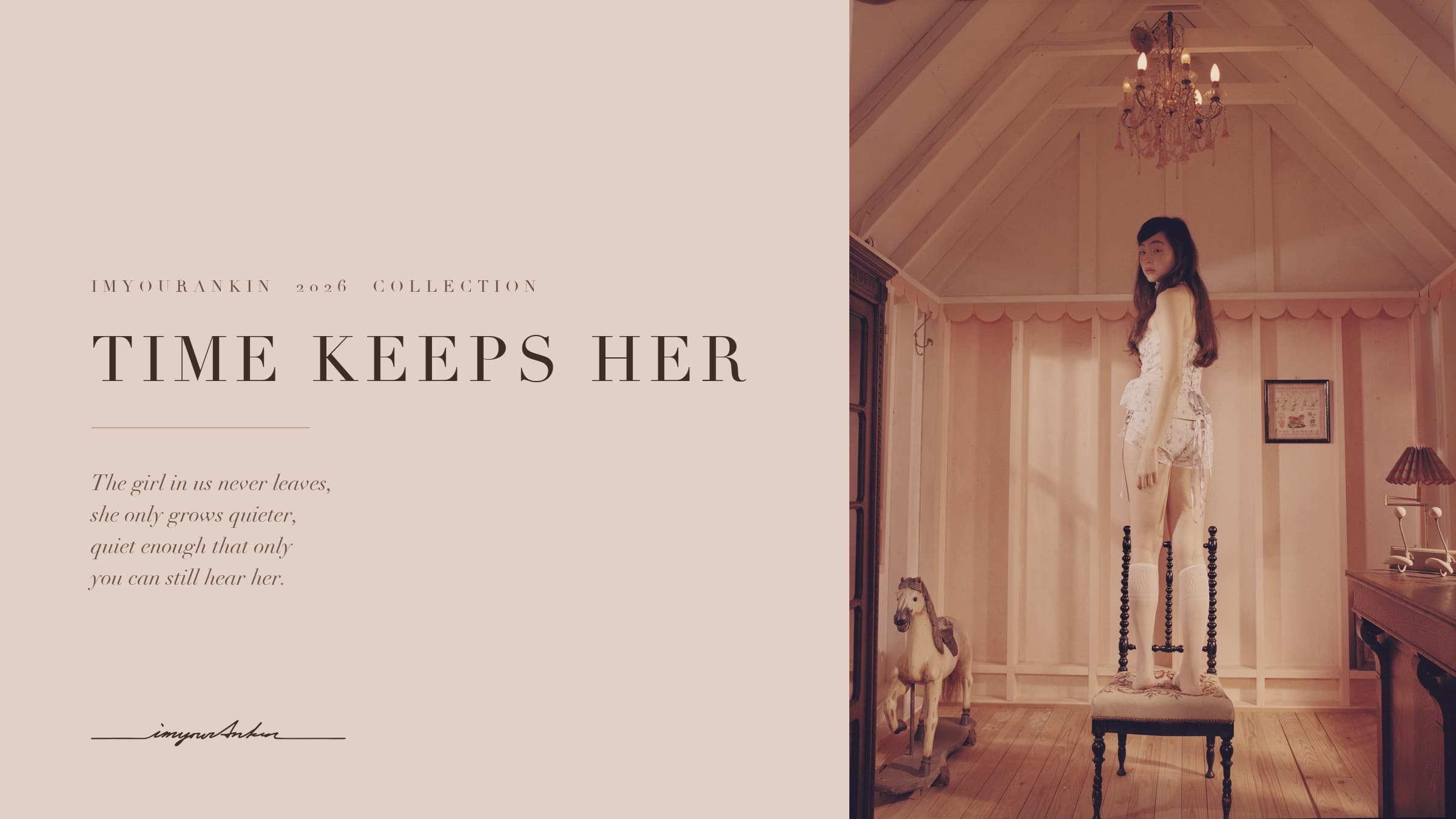 The 2026 collection cover: Time Keeps Her, beside a girl standing on a chair in a pink attic room